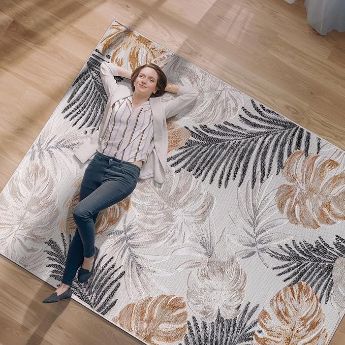 CAMILSON Indoor Outdoor Rug, Yellow 6’x9’ Leaf Tropical Botanical Area Rugs for Indoor and Outdoor patios, Easy-Cleaning Non-Shedding Living Room, Garden and Kitchen Washable Outside Carpet (6x9)