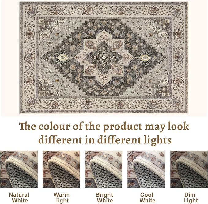Tangsoo Washable Rug 4x6 Area Rug, Vintage Rug Indoor for Living Room, Non Slip Machine Washable Large Rugs, Soft Print Distressed Grey Farmhouse Carpet for Bedroom Dining Room Dorm Office