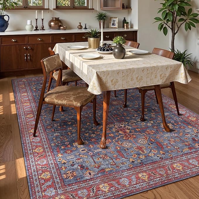 Washable Area Rug 8' x 10' Vintage Traditional Persian Mat - Foldable Distressed Non-Slip Machine Washable Carpet for Living Room Bedroom Kitchen Home Decor - Indigo and Crimson