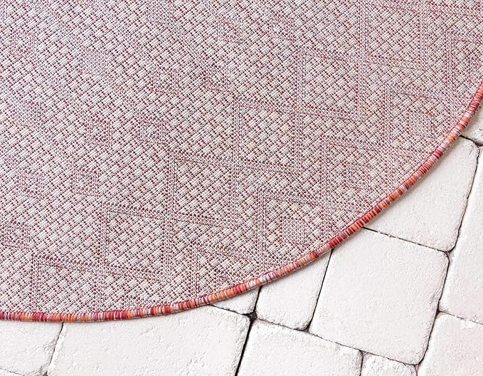 Unique Loom Outdoor Trellis Collection Area Rug - Tribal Trellis (3' 3" Round, Rust Red/ Ivory)
