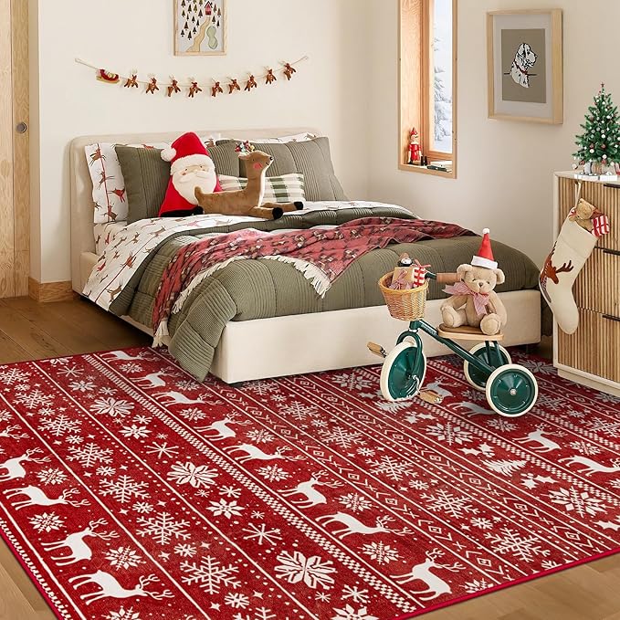 Christmas Rug 4x6 Washable Rugs, Boho Christmas Tree Snowflake Rug Non-Slip Soft Low Pile Non Shedding Indoor Holiday Decor Carpet for Living Room Bedroom Dining Room Home Office (Xmas Red, 4'x6')