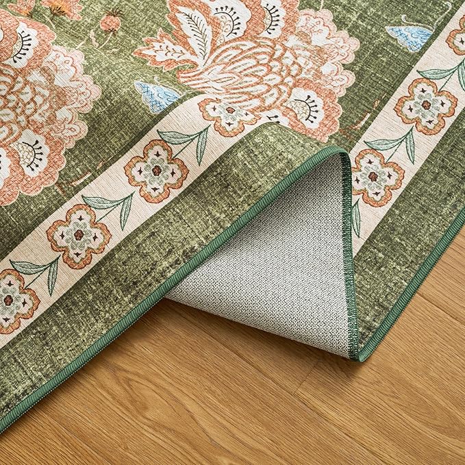 jinchan Elora 3x10 Floral Runner Rug for Hallway Washable Kitchen Runner Vintage Romance Design Non Slip Thin Indoor Floor Cover Low-Profile Throw Carpet for Entryway Bathroom Bedroom Porch, Green