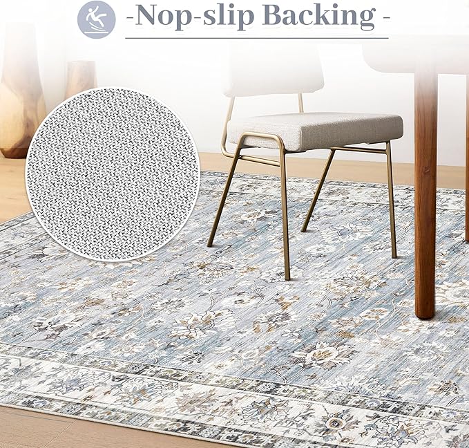 Area Rug 10x12 Living Room Rugs, Machine Washable Vintage Distressed Boho Area Rug Non-Slip Soft Low Pile Large Indoor Rugs for Bedroom Kitchen Dining Room Office(Light Blue,10'x12')