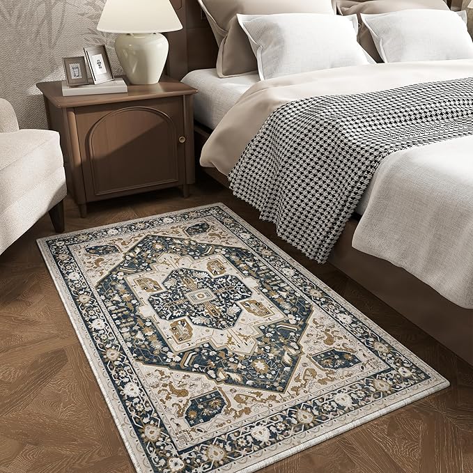 EnHomee 3x5 Washable Area Rugs for Bedroom, Boho Vintage Rugs, Foldable Area Rug for Dining Room, Non-Slip Soft Living Room Rug, Low Pile Large Carpet for Bathroom, Blue and Brown