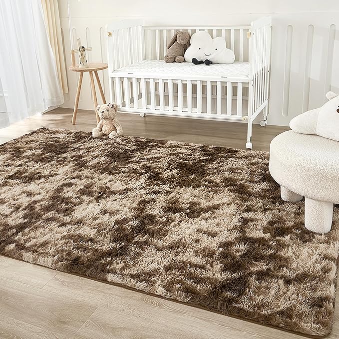 Andency Soft Area Rugs for Living Room Bedroom, 5x8 Fluffy Shaggy Bedside Rug, Non-Slip Large Shag Fuzzy Plush Carpets for Bedroom Kids Dorm Nursery Home Decor Aesthetic, Tie-Dyed Brown