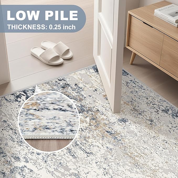 Washable Runner Rug for Hallway: 2.6x10 Neutral Modern Abstract Low Pile Area Rug with Non-Slip Backing - Carpet for Bedroom Kitchen Laundry Entryway Bathroom Indoor - Beige Blue