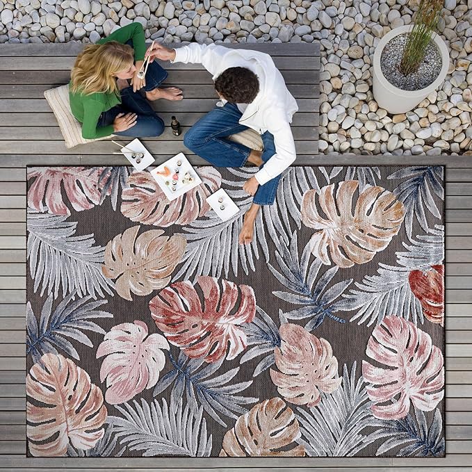 CAMILSON Indoor Outdoor Rug, Brown 10’x14’ Leaf Tropical Botanical Area Rugs for Indoor and Outdoor patios, Easy-Cleaning Non-Shedding Living Room, Garden and Kitchen Washable Outside Carpet (10x14)