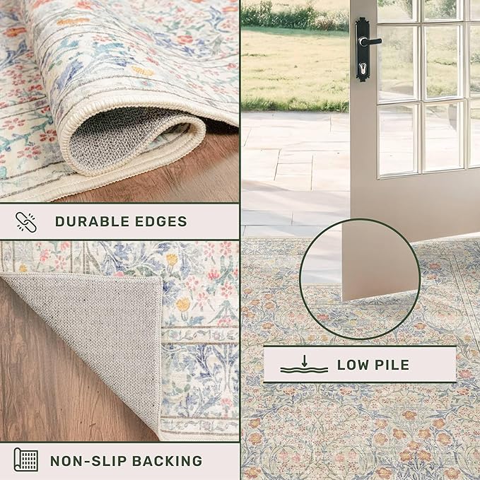 7x10 Washable Rug for Living Room - Stain Resistant Dining Room Rugs for Under Table, Soft Low Pile Large Carpet for Bedroom - Vintage Floral Non-Slip (Beige Blue)