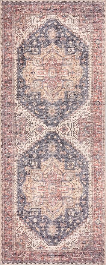 GLN Rugs Traditional Collection - Machine Washable Area Rug, Traditional Washable, Non Slip, Low Pile Chenille Rug, Living Room, Bedroom, Kitchen Rug (2'6" x 7' Black/Terra)