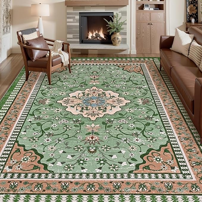 Luxury 8' x 10' Green Washable Area Rugs, Boho Low Pile Easy Clean Non-Slip Rug, Floral Medallion Pattern Vintage Rugs for Living Room, Dinning Room, Office, Bedroom, Bathroom, Laundry Room, Farmhouse