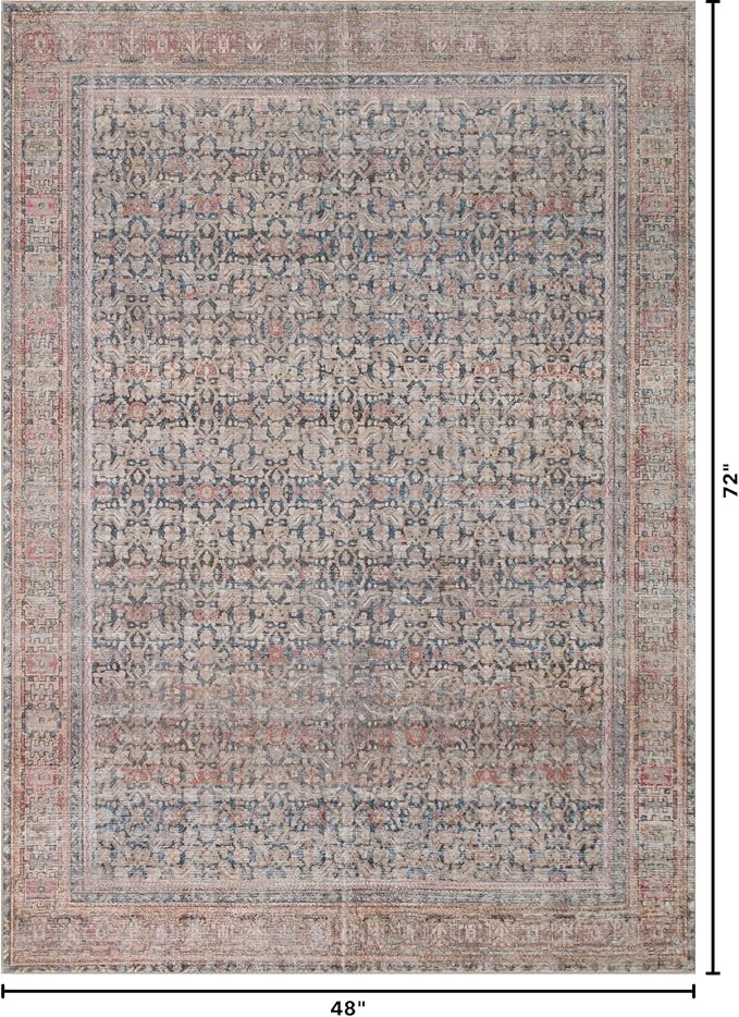 Kuden 4x6 Area Rug, Machine Washable Area Rug with Non-Slip Backing, Vintage Style, Soft, Easy Clean, Low Pile Rug for Living Room, Bedroom, Dining Room