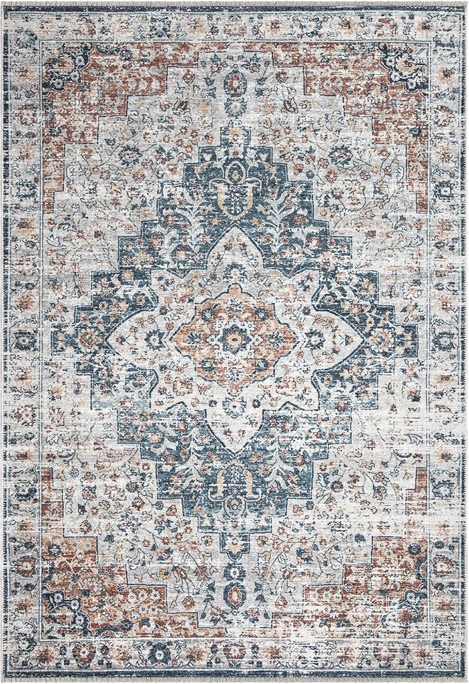 Bloom Rugs Washable Non-Slip 10x14 Rug - Terracotta/Teal Traditional Oriental Area Rug for Living Room, Bedroom, Dining Room, and Kitchen - Exact Size: 10' x 14'