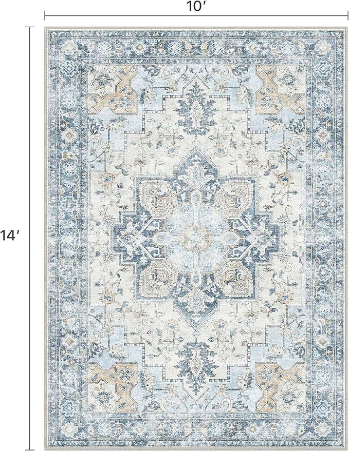 10x14 Area Rugs for Living Room, Machine Washable Rug, Non Slip Vintage Rugs, Low Pile Lightweight Print Rug for Bedroom, Dining Room, Home Office, Blue