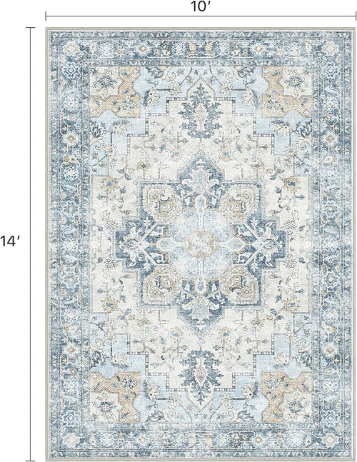 10x14 Area Rugs for Living Room, Machine Washable Rug, Non Slip Vintage Rugs, Low Pile Lightweight Print Rug for Bedroom, Dining Room, Home Office, Blue