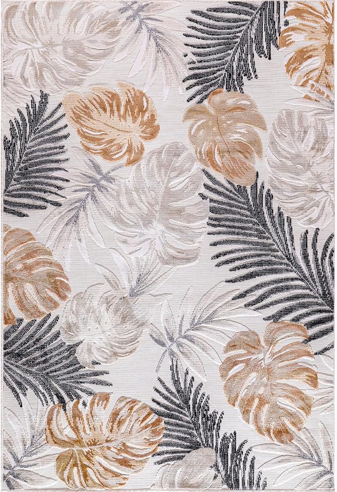 CAMILSON Indoor Outdoor Rug, Yellow 9’x12’ Leaf Tropical Botanical Area Rugs for Indoor and Outdoor patios, Easy-Cleaning Non-Shedding Living Room, Garden and Kitchen Washable Outside Carpet (9x12)