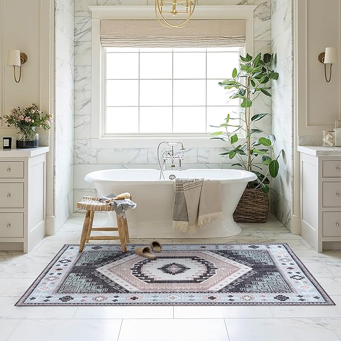 Fame Living Washable Area Rug. Modern Farmhouse. Vintage. Turkish. Bohemian. Distressed. Oriental. Traditional. Rugs for Living Room. Dining. Bedroom. Office. Entryway. (856BlckGry, 7'5" x 9'8")