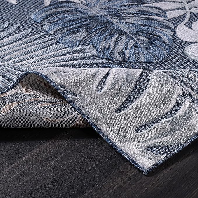 CAMILSON Indoor Outdoor Rug, Navy 7’10”x10’ Leaf Tropical Botanical Area Rugs for Indoor and Outdoor patios, Easy-Cleaning Non-Shedding Living Room, Garden and Kitchen Washable Outside Carpet (8x10)