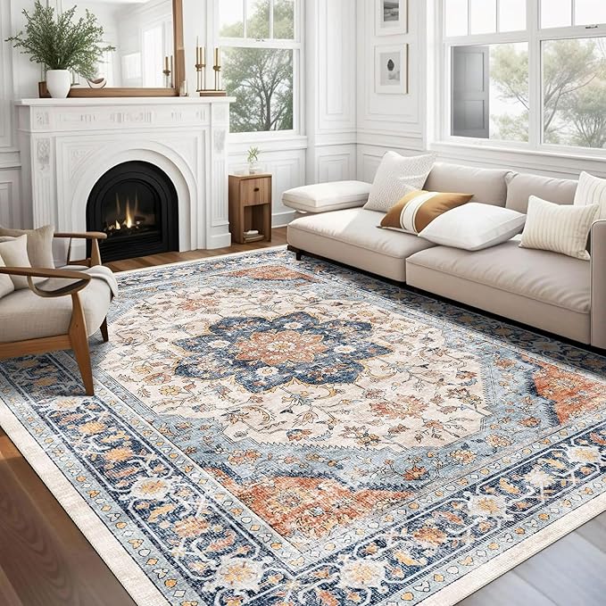 vivorug 8x10 Area Rugs for Living Room, Non-Slip Backing Washable Rug 8x10, Large Area Rug Soft Carpet for Bedroom Dining Room, Vintage, Easy Clean, Durable, Low Pile Rug Orange/Navy