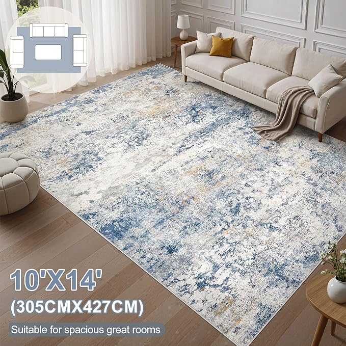 Area Rug Living Room Rugs - 10x14 Abstract Large Soft Indoor Washable Rug Neutral Modern Low Pile Carpet for Bedroom Dining Room Farmhouse Home Office - Blue