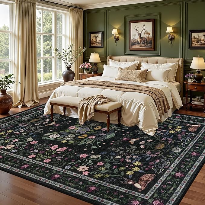 5x7 Area Rugs Living Room Rug: Vintage Washable Rug Floral Soft Carpet Indoor Floor Non-Slip Boho Stain Resistant Large Carpets for Bedroom Kids Nursery Dining Room Farmhouse Home Office Black/C02