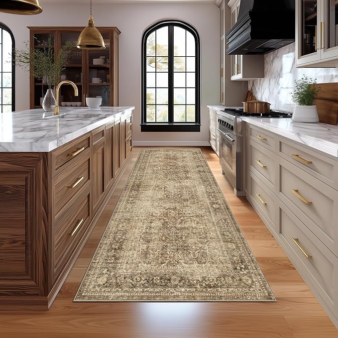 Fmfunctex 3x7 Runner Rug Brown Washable Vintage Neutral Distressed Non Slip Low Pile Indoor Carpet Soft Retro Floral Hallway Entryway Rug for Kitchen Living Room Bedroom Bathroom Laundry Entry Bedside
