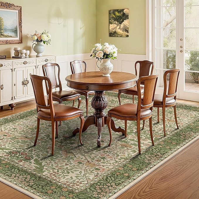 5x7 Floral Washable Area Rug for Living Room, Vintage Boho Rugs for Bedroom Dining Room, Botanical Birds Non Slip Low Pile Forest Throw Carpet for Farmhouse Office, Retro Pink/Green