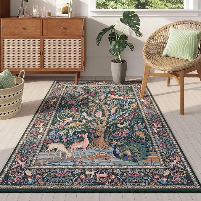 Rugcomf 3x5 Rug Vibrant Tree of Life-Patterned Vintage Non Slip Low Pile Small Carpet for Bedroom Bedside Kitchen Entryway Kids Room Office College Dorm Essentials for Girls, Green