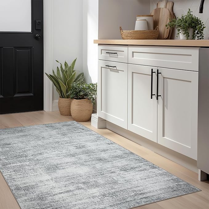 Gray Washable Non Slip Bathroom Rug Modern Aesthetic Abstract 2x3 Rug for Kitchen Floor Small Soft Light Grey Floor Protector Carpet for Entryway Bedside 2 x 3