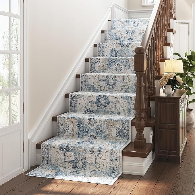 jinchan Kelda Runner Rug 3x7 Vintage Hallway Rug Kitchen Washable Runner Retro Floor Cover Lightweight Non-Slip Low Pile Thin Distressed Carpet for Entryway Bathroom Laundry Room Bedroom Stairway Blue