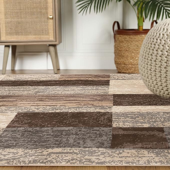 SUPERIOR Indoor Area Rug, Jute Backed, Modern Geometric Patchwork Floor Decor for Bedroom, Office, Living Room, Entryway, Hardwood Floors, Rockwood Collection, 5' x 5' Square, Slate