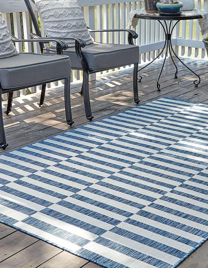 Unique Loom Outdoor Striped Collection Area Rug - Striped (5' 3" x 7' 1" Rectangle Blue/Ivory)