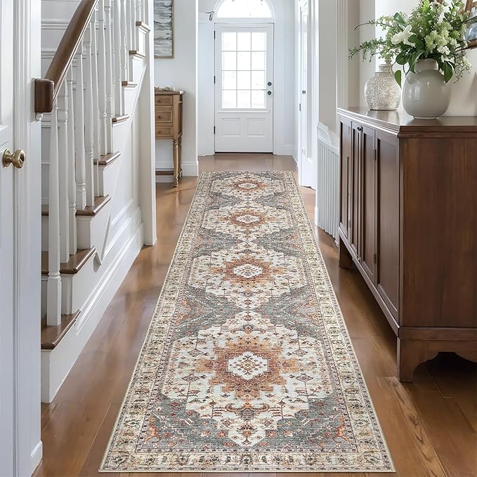Tangsoo Oriental 2.6x10 Hallway Runner Rugs, Washable Runner Rug for Hallways Non Slip Vintage, Neutral Soft Low Pile Long Rug Runner, Indoor Carpet Runners for Living Room Kitchen Bedroom Entryway