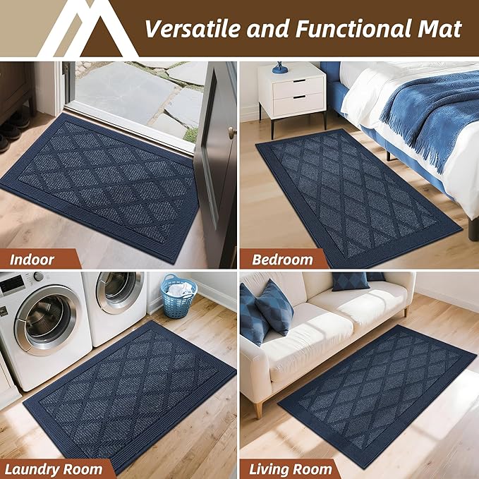 COSY HOMEER Non-Slip Door Mat 24"x36", Entryway Rugs Low Profile Absorbent Dirt Trapper Doormat for Front Entrance, Washable Polypropylene Entry Mat (Blue)