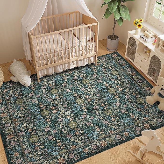 DUKINO 8x10 Area Rugs for Living Room, Vintage Floral Washable Rug with Non Slip Backing, Soft Low Pile & Non-Shedding Large Carpets for Bedroom, Farmhouse, Dining Room, Home Office, Blue
