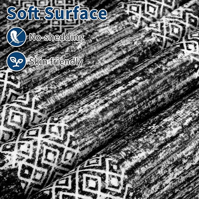GarveeHome Area Rug 8x10 Modern Geometric Living Room Rug Non Slip, Thin Washable Carpet, Soft Non Shedding Foldable Floor Covering, Low Pile Thin Printed Mats for Bedroom Office, Black