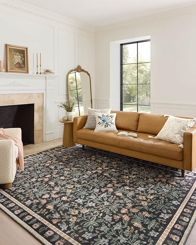 Loloi Rifle Paper Co. Eden Collection EDE-02 Mughal Garden Black 5'-0" x 7'-6" Area Rug feat. CloudPile™