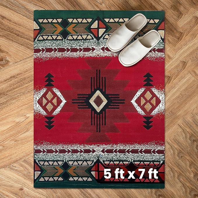 YHSF South West Native American Area Rug C318 - Easy Clean, Thick, Soft, Durable Native Tribal American Indian Inspired Rug for Bedroom/Living Room and More - Red, 5 Feet x 7 Feet