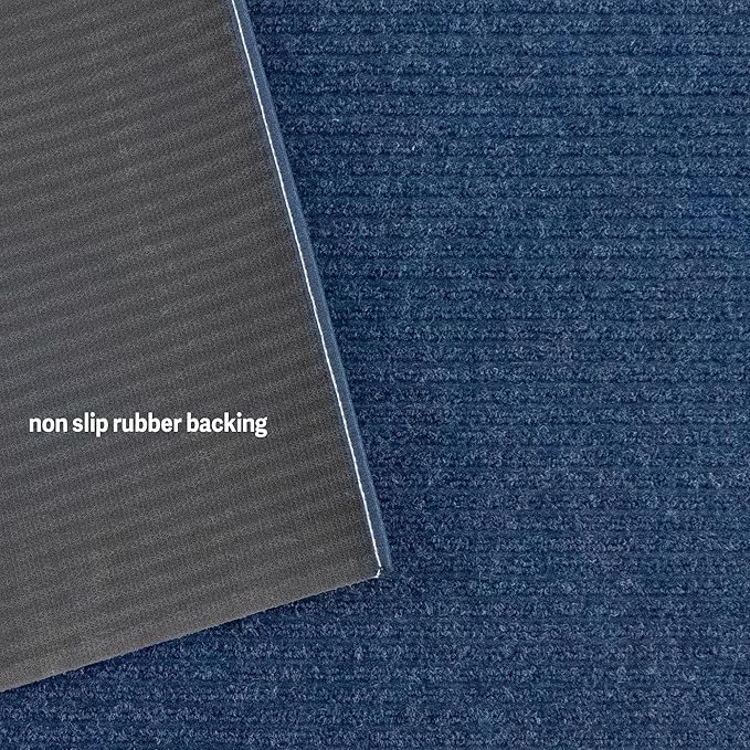 English Home Custom Size Non Slip Striped Design Durable PVC Non Slip Backing Tough Pile Runner Rug for Hallway, Outdoor, Indoor, Commercial, Residential, Pool, Office (Dark Blue, 26" x 11')