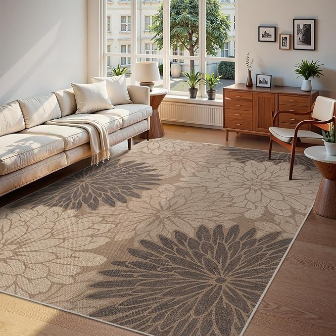 Floral Easy Jute Rug 8x10 Outdoor Rug Washable Area Rugs for Living Room Bedroom Non Slip Neutral Farmhouse Indoor Outdoor Carpet for Backyard Patio Office