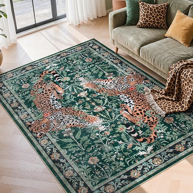 Moynesa Leopard 5x7 Area Rug, Boho Washable Living Room Rug, Non Slip Rugs for Bedroom, Ultra Thin Soft Animal Print Throw Floor Carpet for Office Dining Room, Green