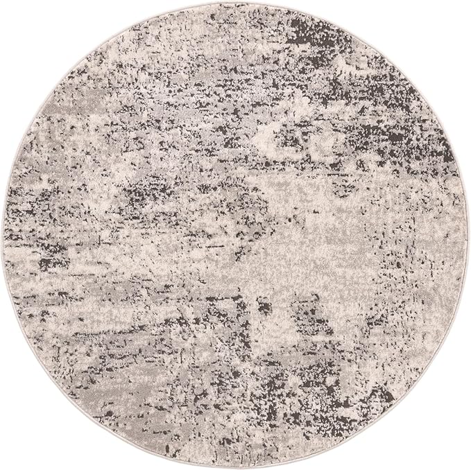Rugs.com Leipzig Collection Rug – 4 Ft Round Gray Low-Pile Rug Perfect for Kitchens, Dining Rooms