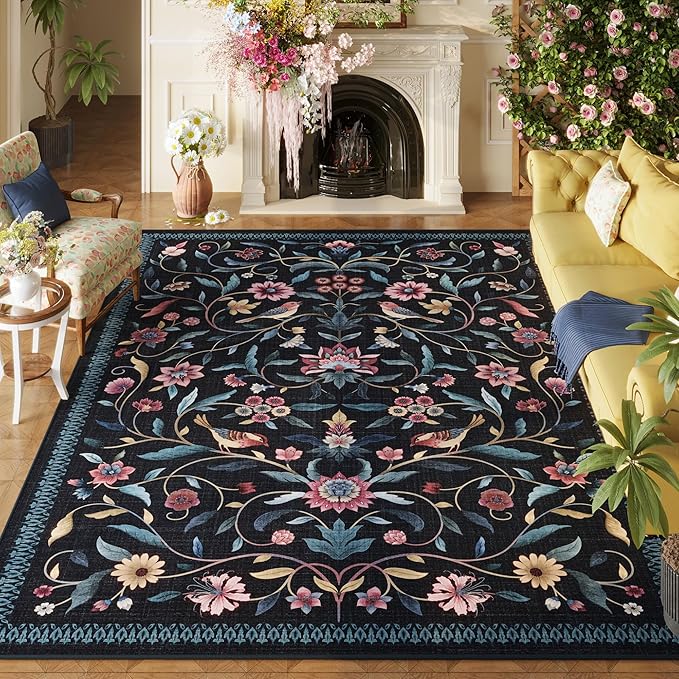 Vintage Medallion Floral 5x7 Area Rugs, Machine Washable Non-Slip, Low Pile Soft Carpet for Living Room, Bedroom, Dining Room, Farmhouse, Kids Playroom, Office | Blue