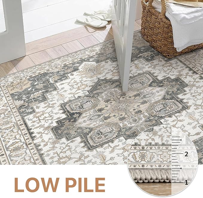 GENIMO 5x7 Area Rugs for Living Room, Machine Washable Non Slip Vintage Rugs, Low Pile Lightweight Chenille Print Rug for Bedroom, Dining Room, Home Office, Heathered Grey