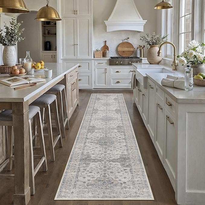 HUGEAR Machine Washable Hallway Runner Rugs 2x10 Vintage Blue Neutral Style Non Slip Stain Resistant Low Pile Throw Carpet for Bedroom Kitchen Retro Aesthetic Modern Decor
