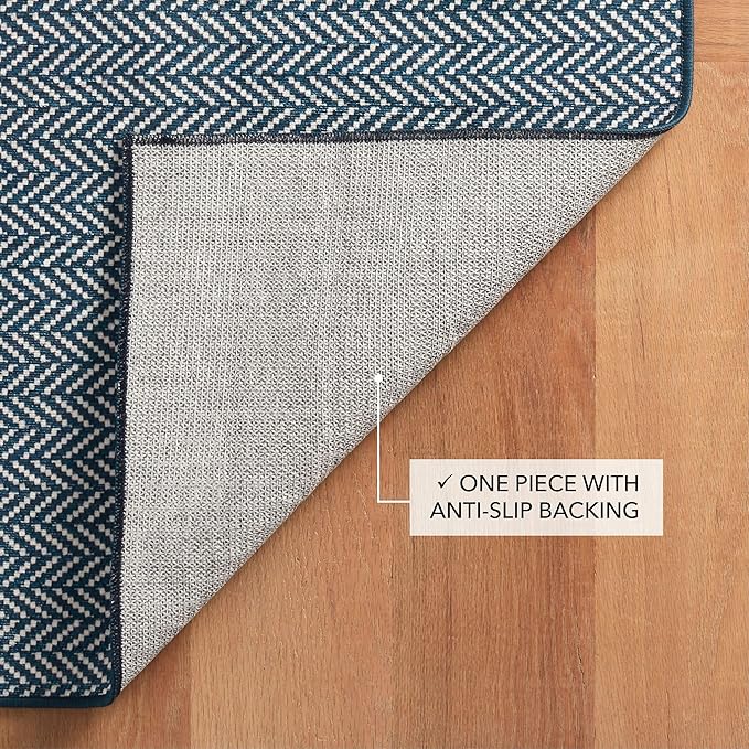 Dash and Albert Herringbone Machine Washable Area Rug - Runner - 2.5' x 8' Navy - Geometric Accent Rug - Anti-Slip Backing, Lightweight, Machine Washable, High Traffic Area Kitchen, Mudroom, Entryway