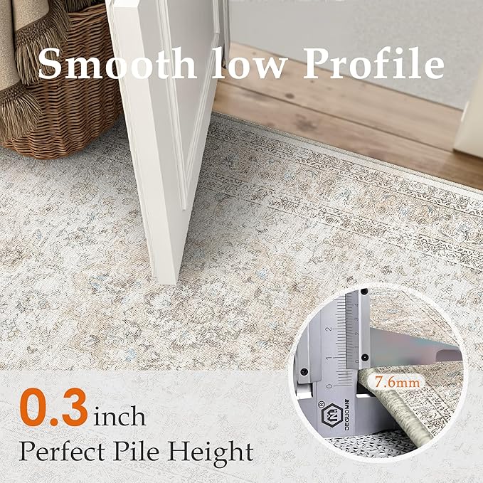 2x8 Washable Vintage Runner Rug for Living Room Bedroom Beige Grey Soft Tranditional Non Slip Runner Rug Lightweight Floral Low Pile Distressed Runner Kitchen Hallway Bedroom
