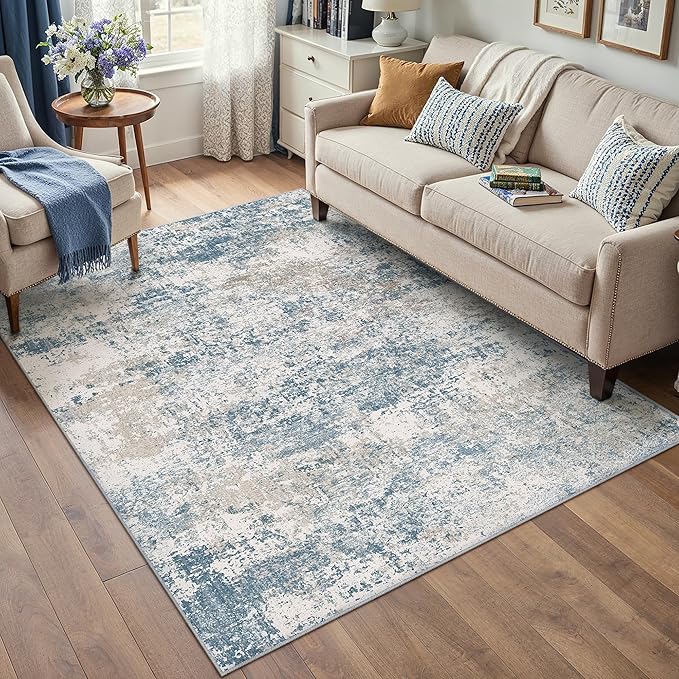 Blue 3x5 Area Rug Washable Abstract Office Carpet Modern Neutral Non Slip Indoor Entry Soft Low Pile Contemporary Aesthetic Door Mat Bedroom Throw Rug for Kitchen Laundry Dining Room