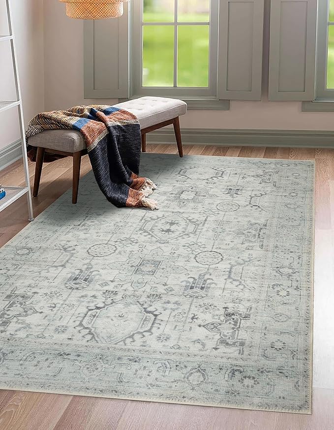 GLN Rugs Traditional Collection - Machine Washable Area Rug, Traditional Washable, Non Slip, Low Pile Chenille Rug, Living Room, Bedroom, Kitchen Rug (4' x 6' Cream/Gray/Sea Salt)