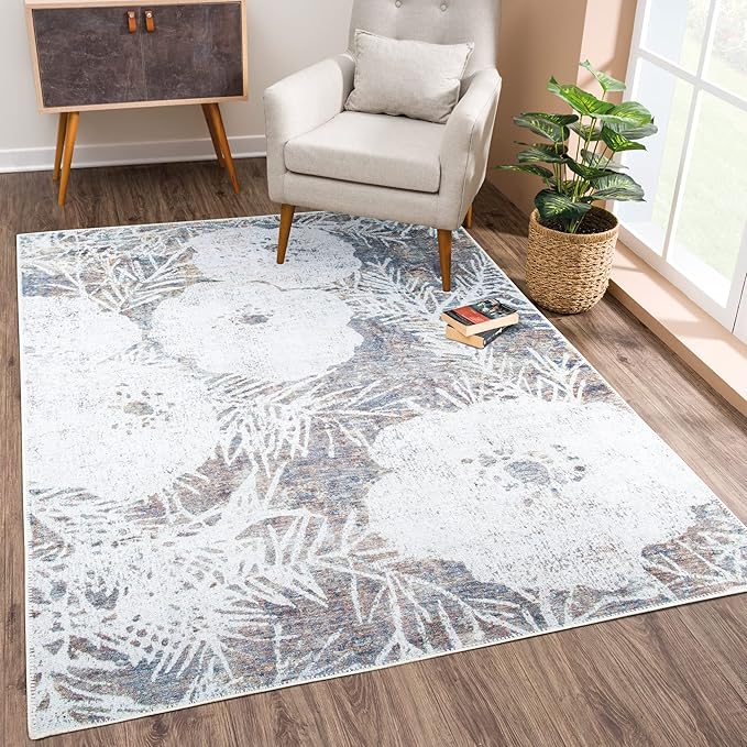 Bloom Rugs Washable Non-Slip 6' x 9' Rug - Tan/Brown/Blue Modern Floral Area Rug for Living Room, Bedroom, Dining Room, and Kitchen - Exact Size: 6' x 9'