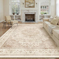 10x12 Beige Washable Vintage Area Rug for Living Room Bedroom Soft Tranditional Non Slip Large Throw Rug Lightweight Floral Low Pile Distressed Carpet Bedroom Playroom Classroom Office